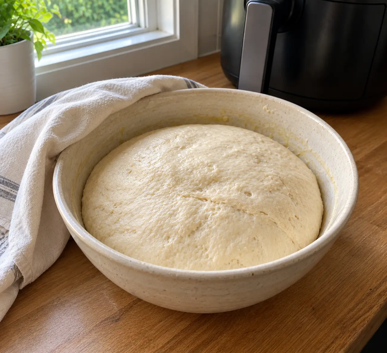 Pizza dough risen and domed in a ceramic bowl under a cloth beside an air fryer