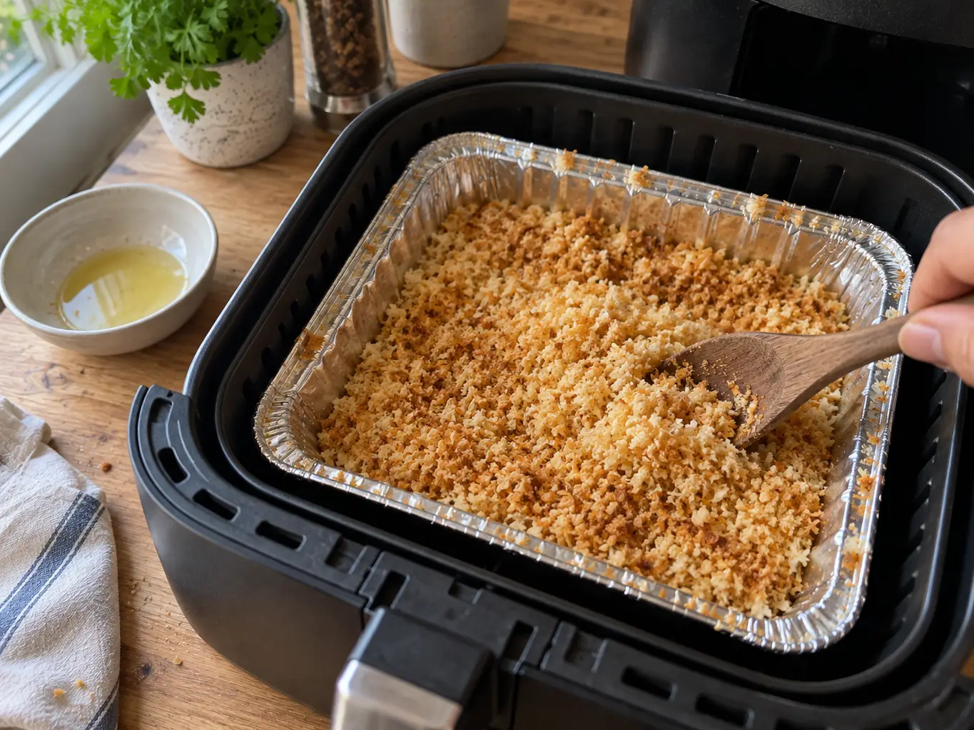 Panko breadcrumbs toasting to golden brown in a foil tray inside an air fryer basket, stirred with a wooden spoon
