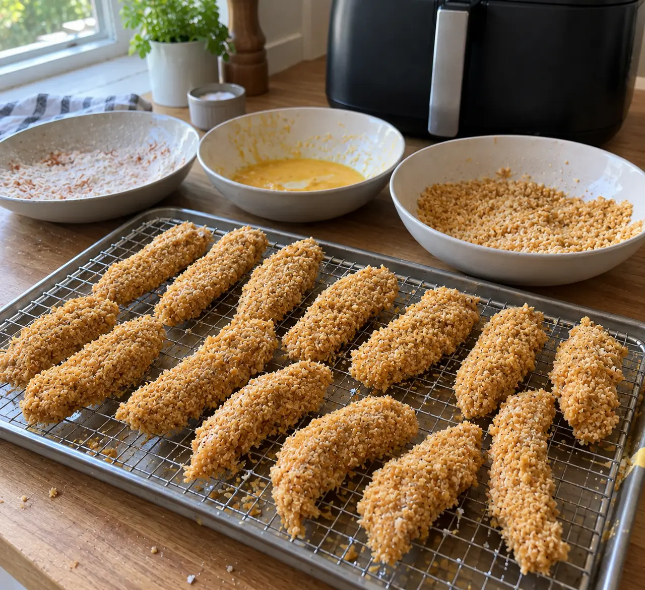 Breaded chicken strips already golden brown resting in rows on a wire rack before cooking