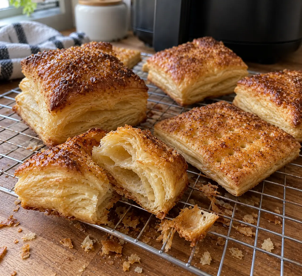Golden air fryer puff pastry squares on a cooling rack, one torn open to show the open layers inside