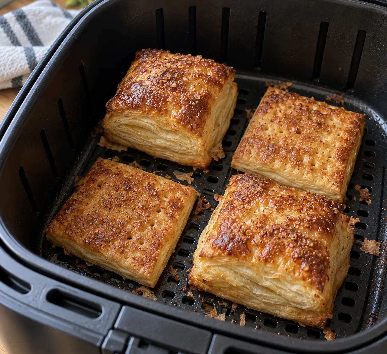 Deeply golden baked puff pastry squares in an air fryer basket with visible open layers at the cut edges
