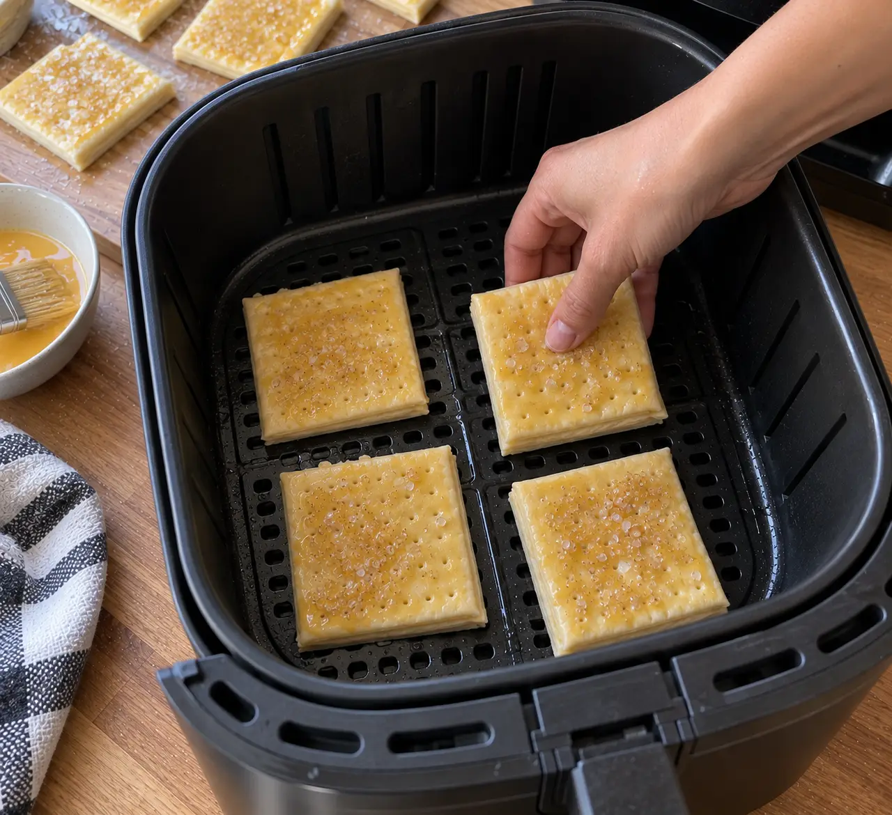 Egg washed and docked puff pastry squares being placed a finger apart in an air fryer basket