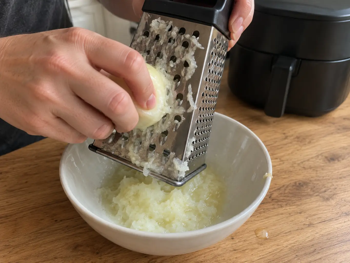 An onion being grated on a box grater directly over a ceramic mixing bowl