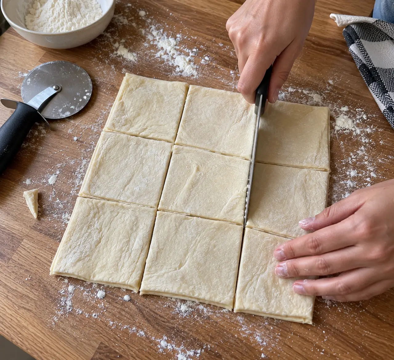 Cold puff pastry being cut into squares with a knife pressed straight down