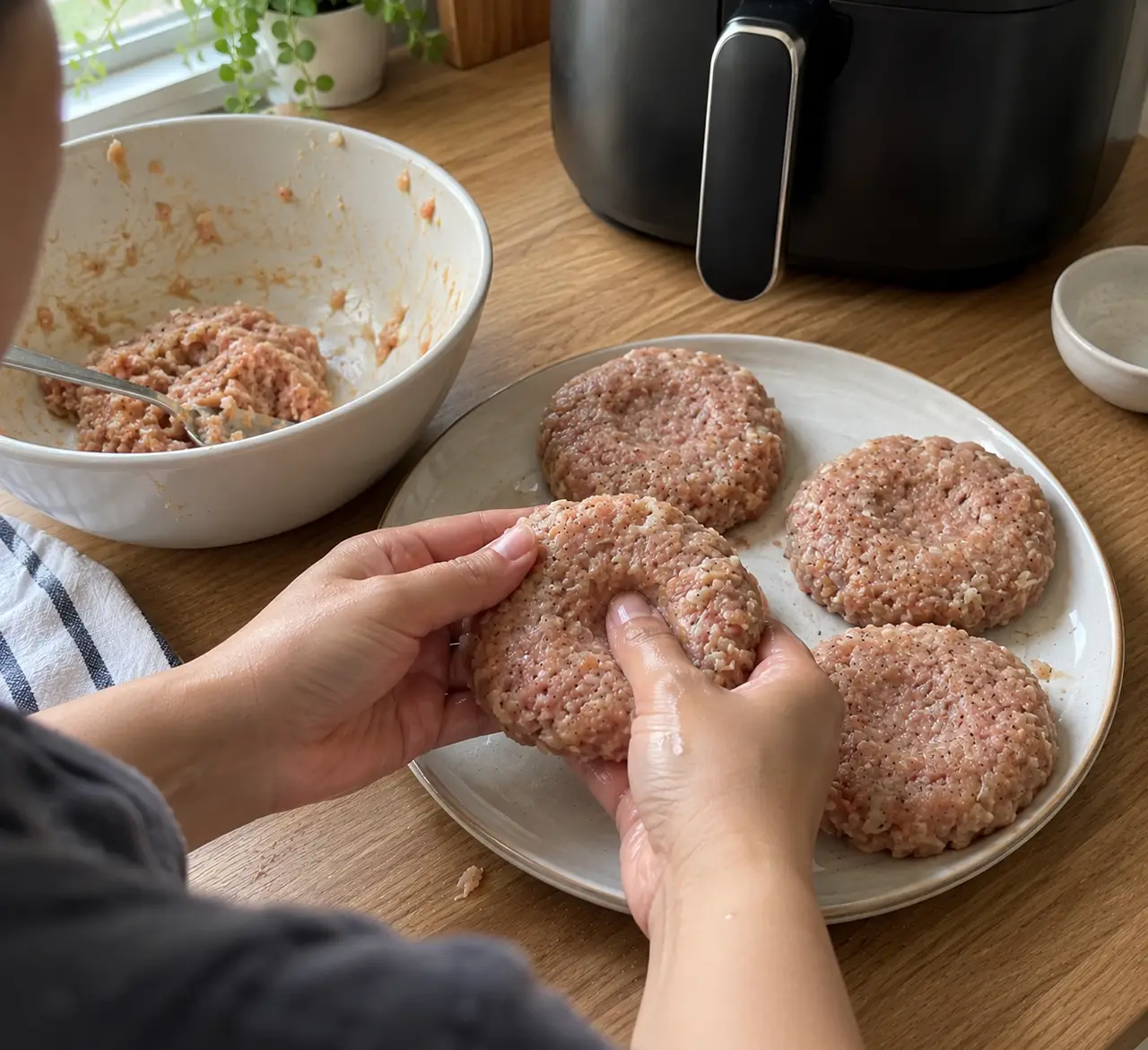 Wet hands forming a ground turkey patty beside a plate of finished patties