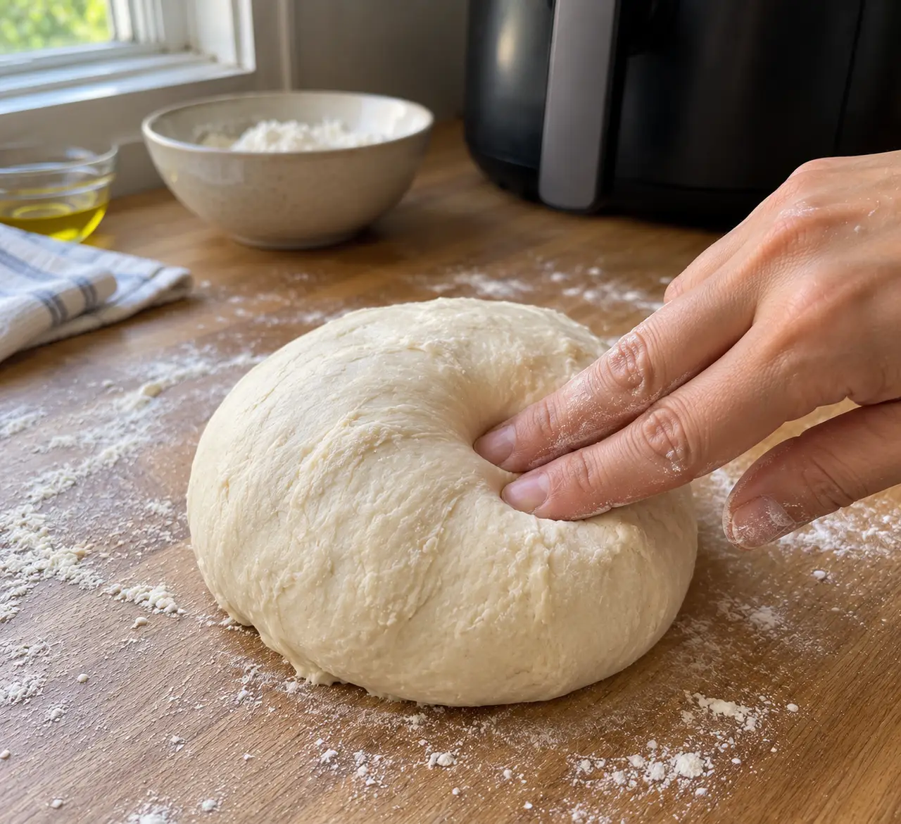 A hand pressing a risen ball of pizza dough flat on a floured wooden board
