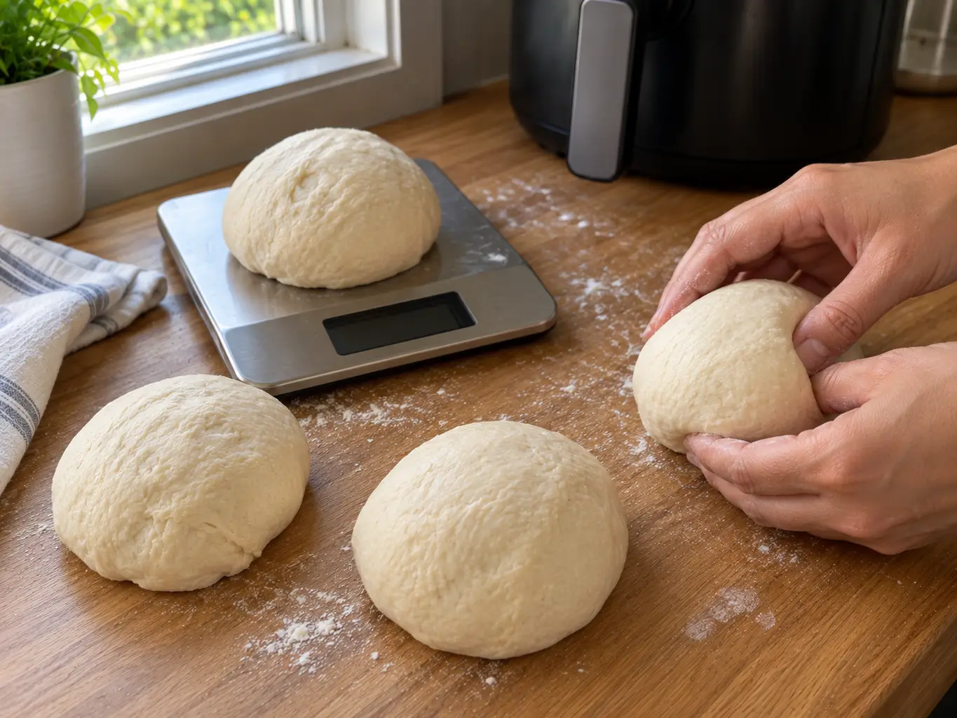 Four balls of pizza dough on a floured counter with one on a digital kitchen scale