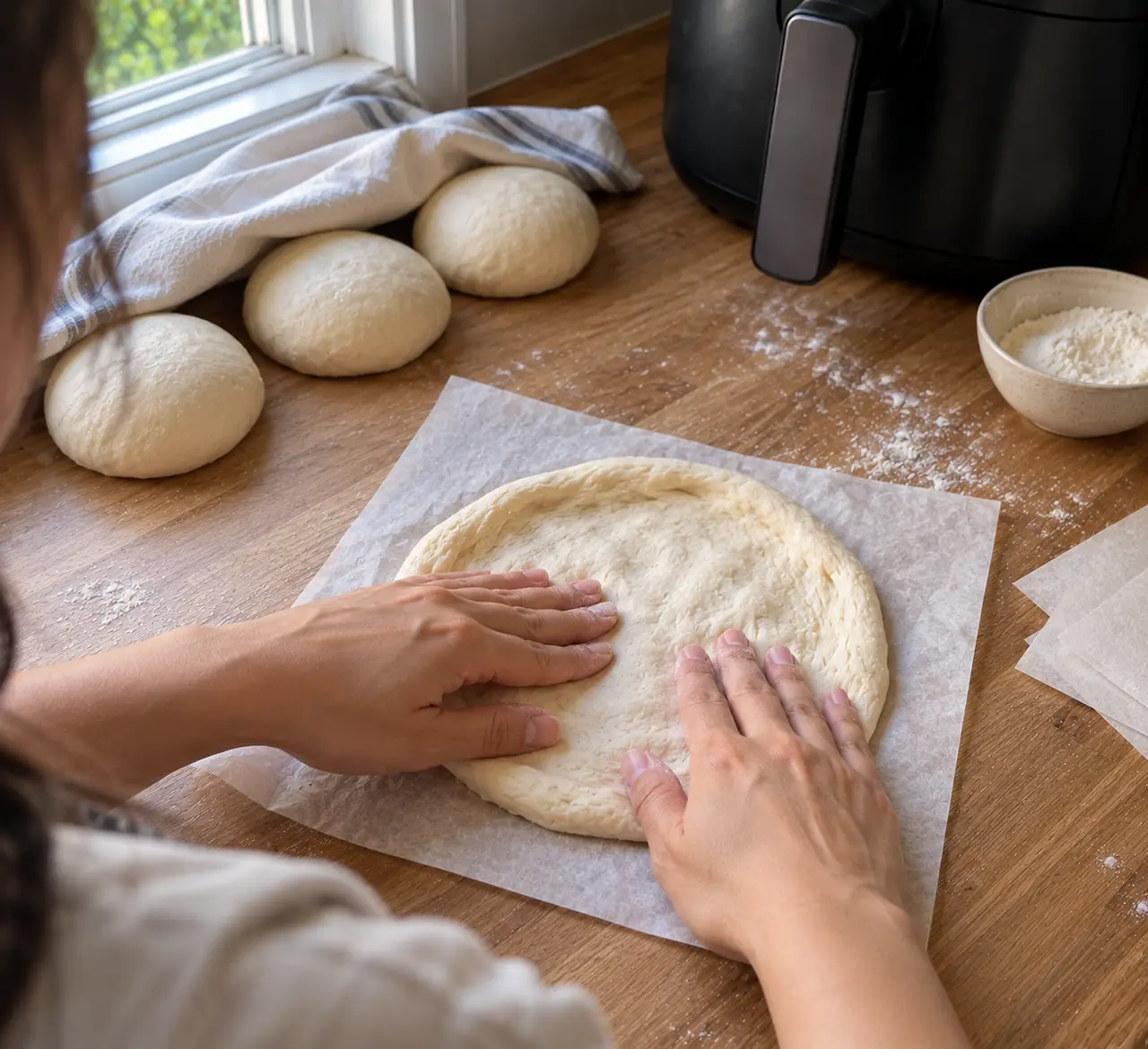 Hands pressing a ball of dough into a 6.5 inch round on a parchment square, leaving a thick untouched rim