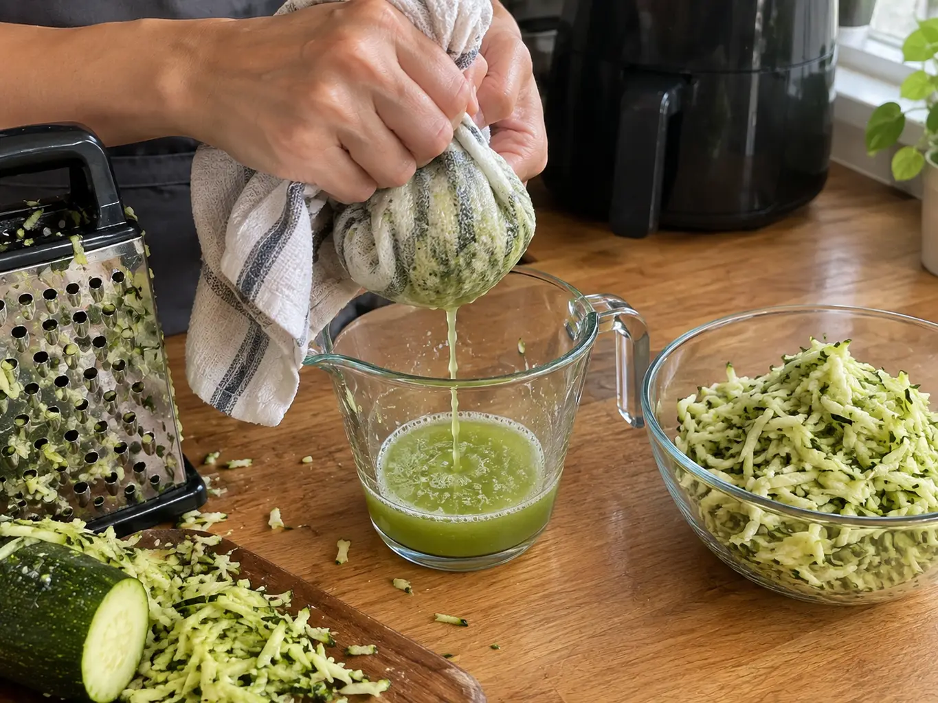 Hands wringing grated zucchini in a kitchen towel over a glass measuring cup, green liquid collecting below