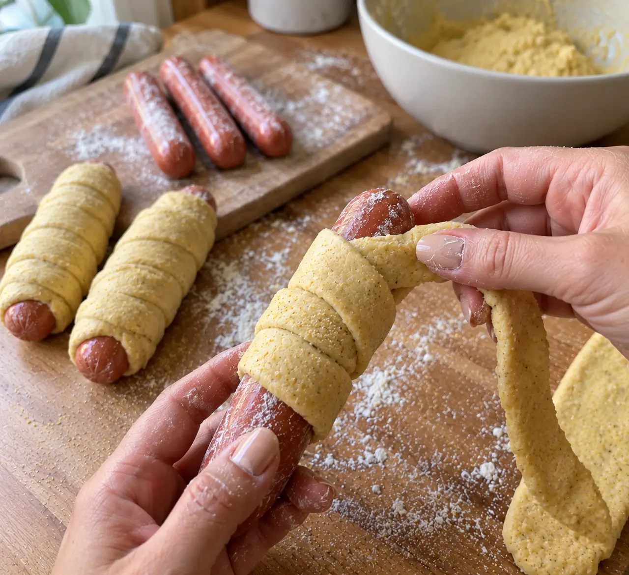Hands winding a flattened strip of cornmeal dough around a floured hot dog, two finished wraps beside them