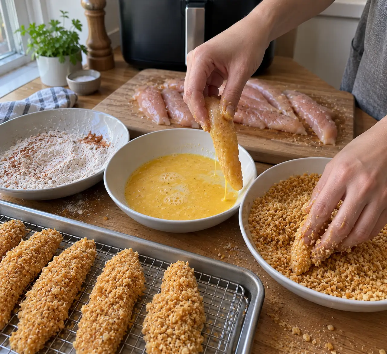 One hand lifting a chicken strip from the egg wash while the other presses toasted crumbs onto a second strip