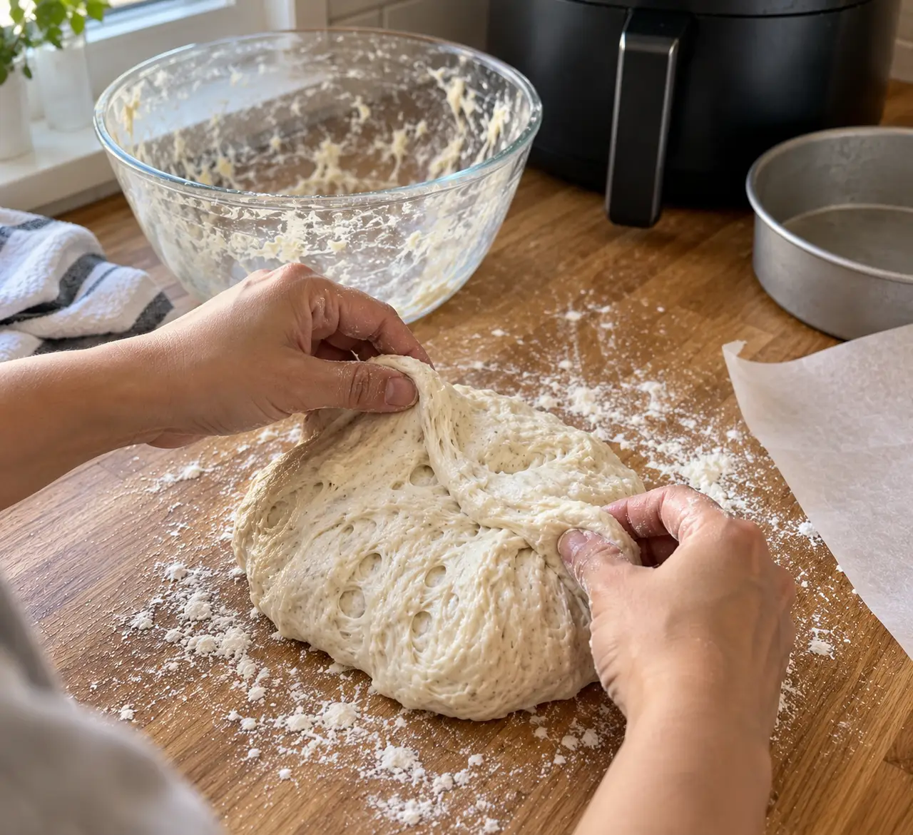 Floured hands folding the edges of slack no-knead dough toward the middle on a wooden counter