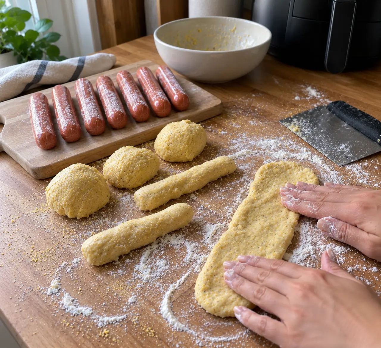 Cornmeal dough divided into six portions, rolled into ropes and flattened into strips on a floured counter