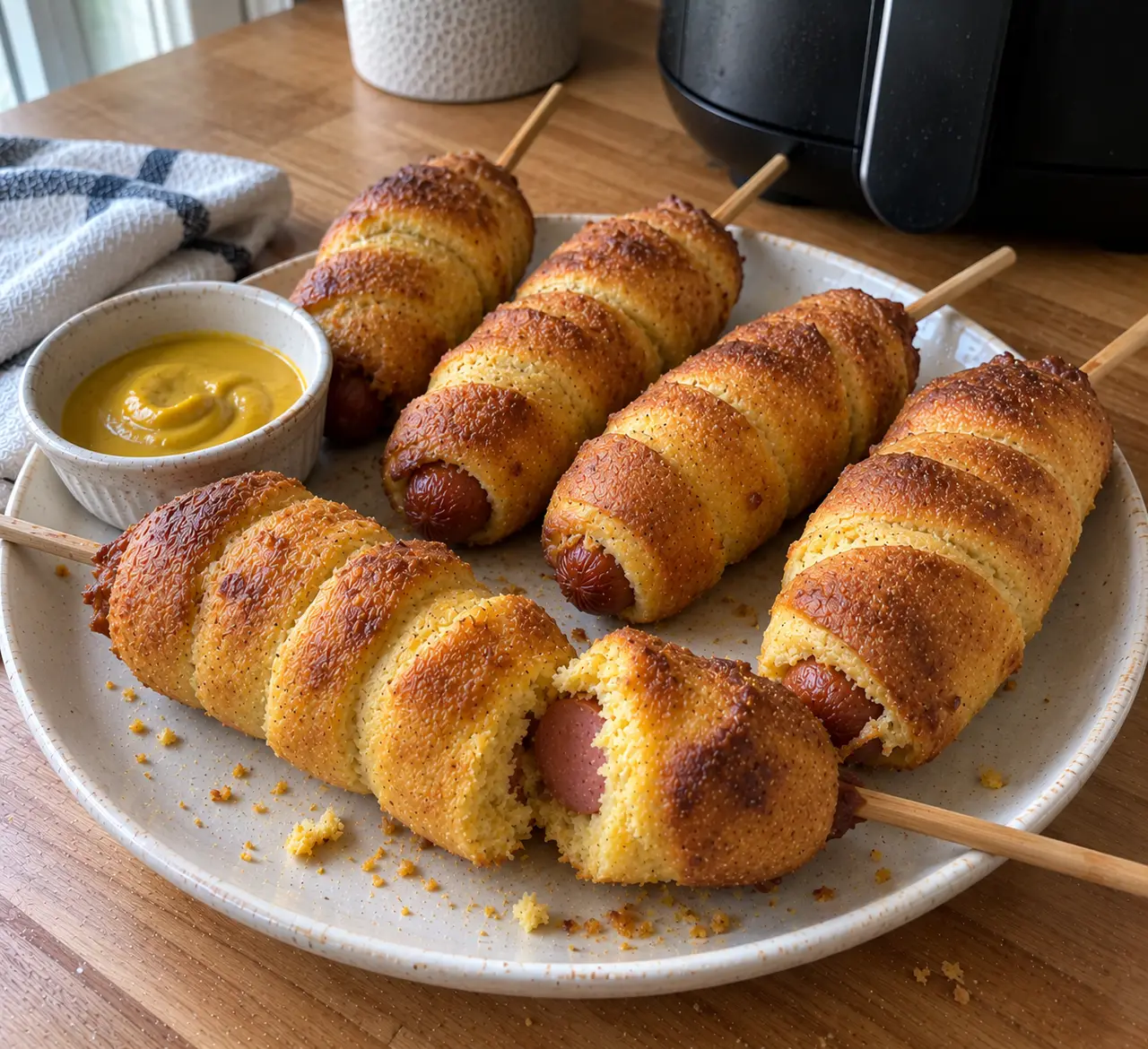 Golden cornbread-wrapped air fryer corn dogs on sticks, plated with yellow mustard, one broken open