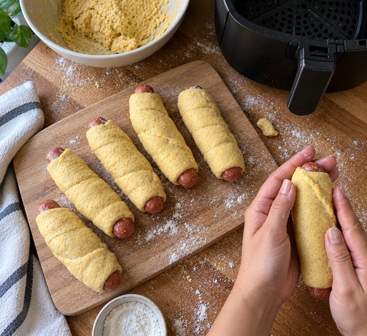 Six cornmeal-wrapped corn dogs resting on a board before baking, with the last one being sealed by hand