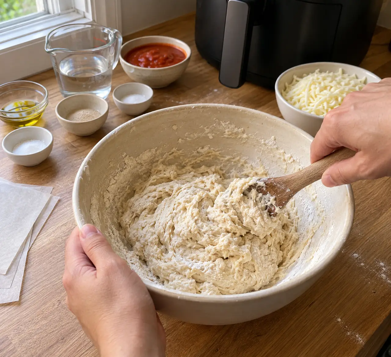 A shaggy pizza dough being stirred with a wooden spoon in a bowl surrounded by flour, water, oil, yeast, sauce and cheese