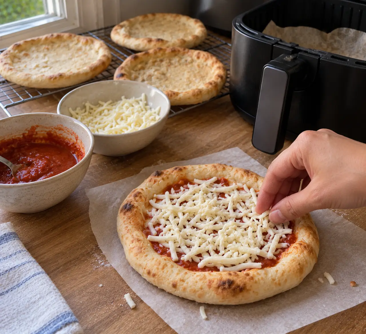 Three par-baked naked pizza crusts cooling on a rack while a fourth is topped with sauce and cheese on parchment
