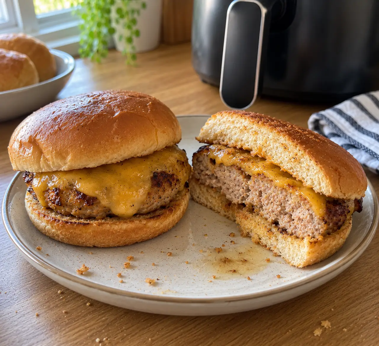 Two air fryer turkey cheeseburgers on a plate, one cut in half showing the juicy interior under melted cheddar