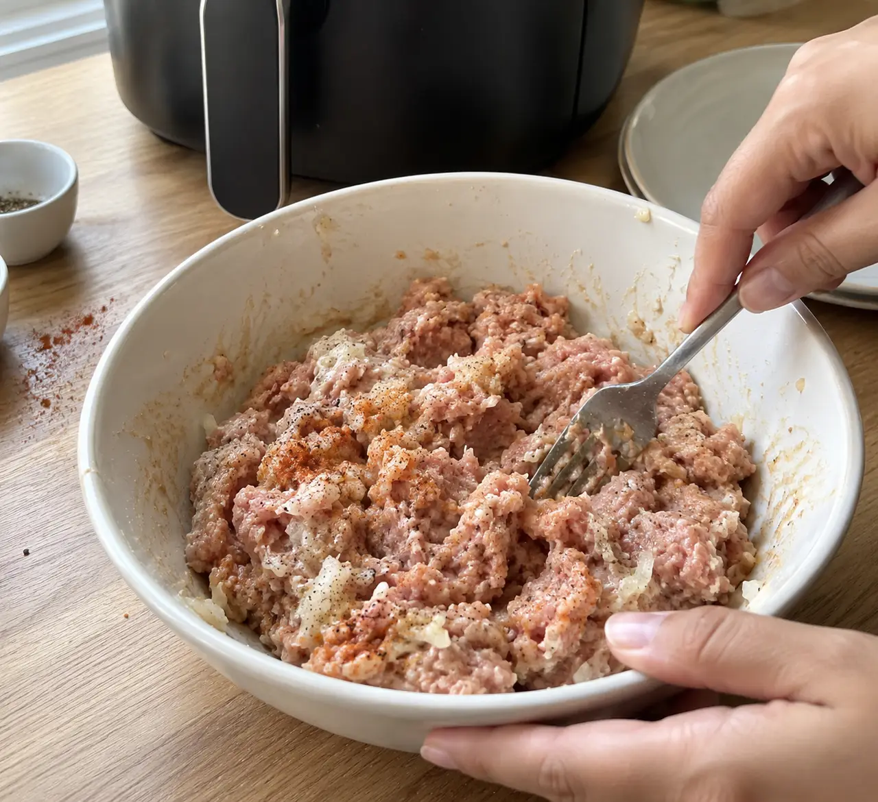 Seasoned ground turkey being mixed gently with a fork in a bowl