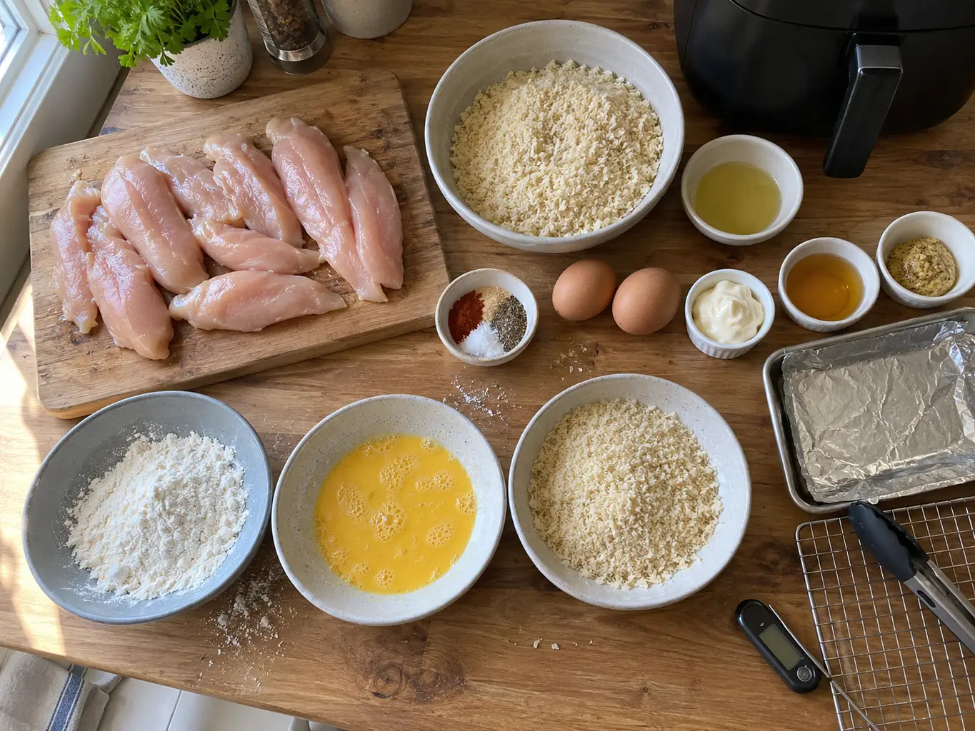 Overhead view of chicken tenderloins, panko, flour, eggs, mayo, honey, Dijon and a foil tray laid out on a wooden counter