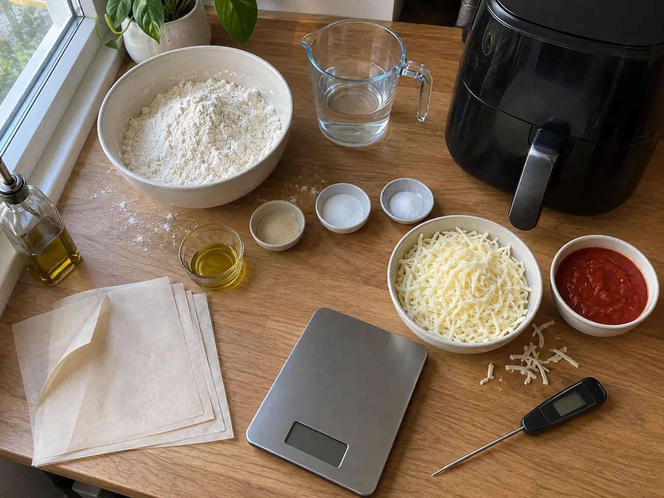 Flour, water, yeast, oil, salt, sugar, mozzarella and sauce laid out with parchment squares, a kitchen scale and a thermometer
