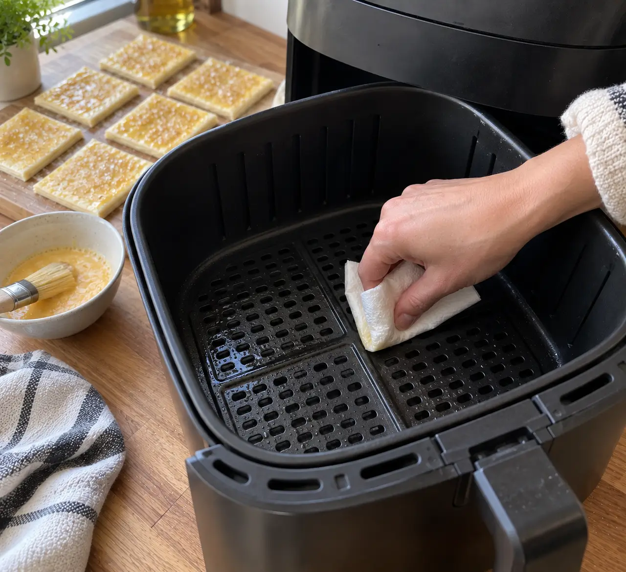 A hand wiping oil onto the bare perforated floor of an air fryer basket with egg washed pastry squares waiting nearby