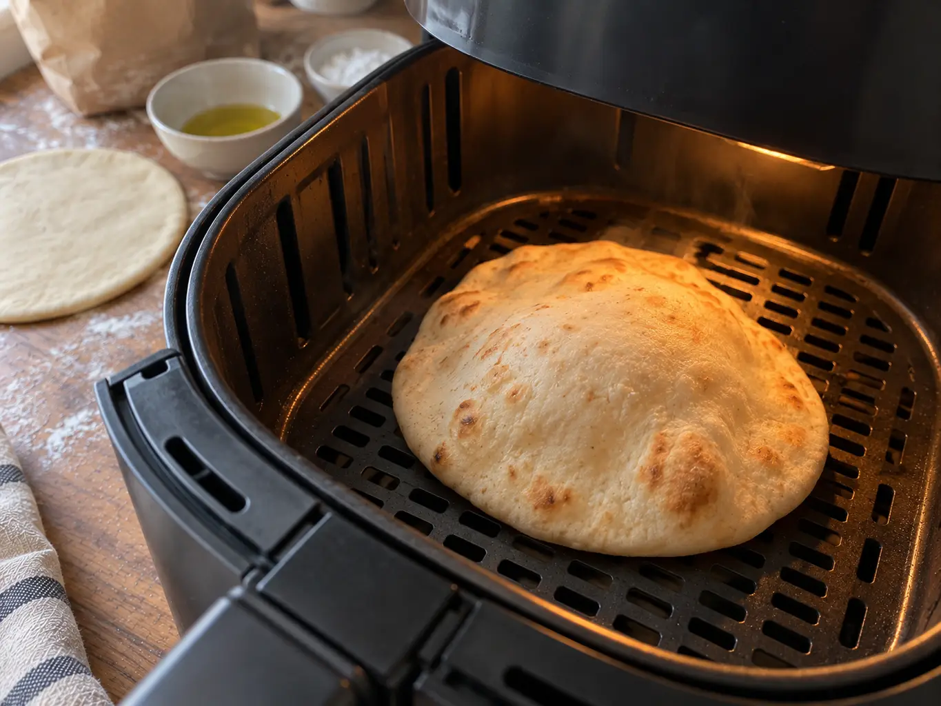 A single pita fully inflated into a dome on the floor of an air fryer basket