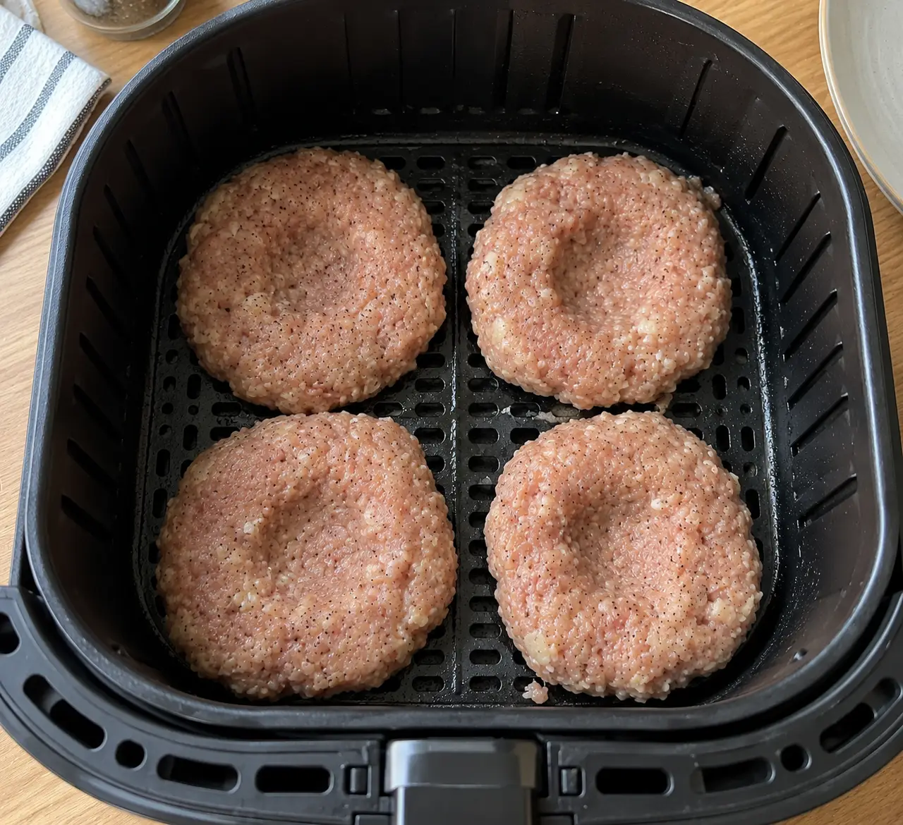Four dimpled raw turkey patties arranged in a single spaced layer in an air fryer basket