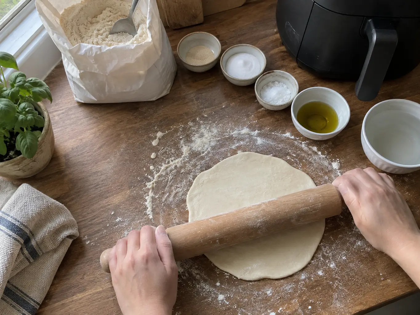 A ball of pita dough being rolled into a thin even round with a wooden rolling pin