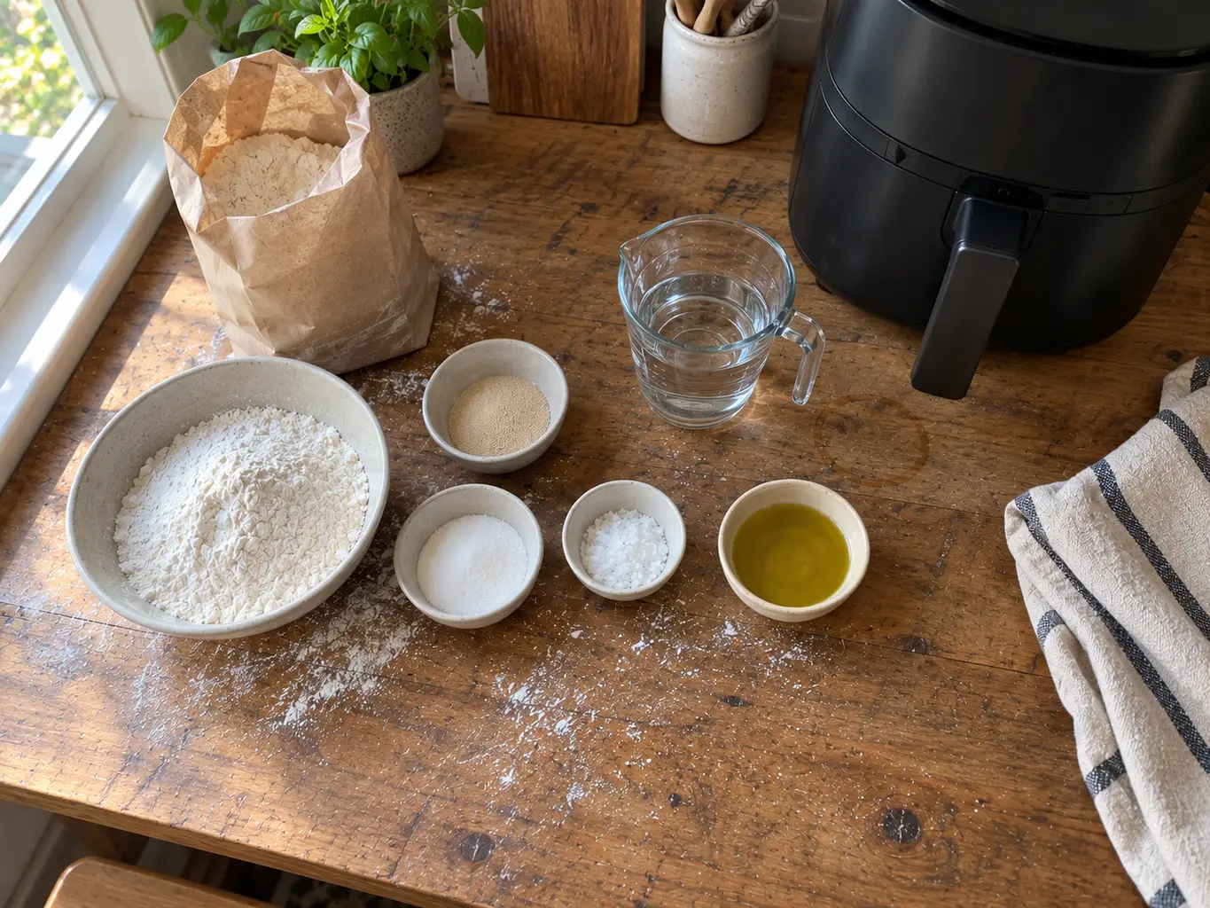 Flour, instant yeast, sugar, salt, warm water and olive oil measured out on a wooden counter beside an air fryer