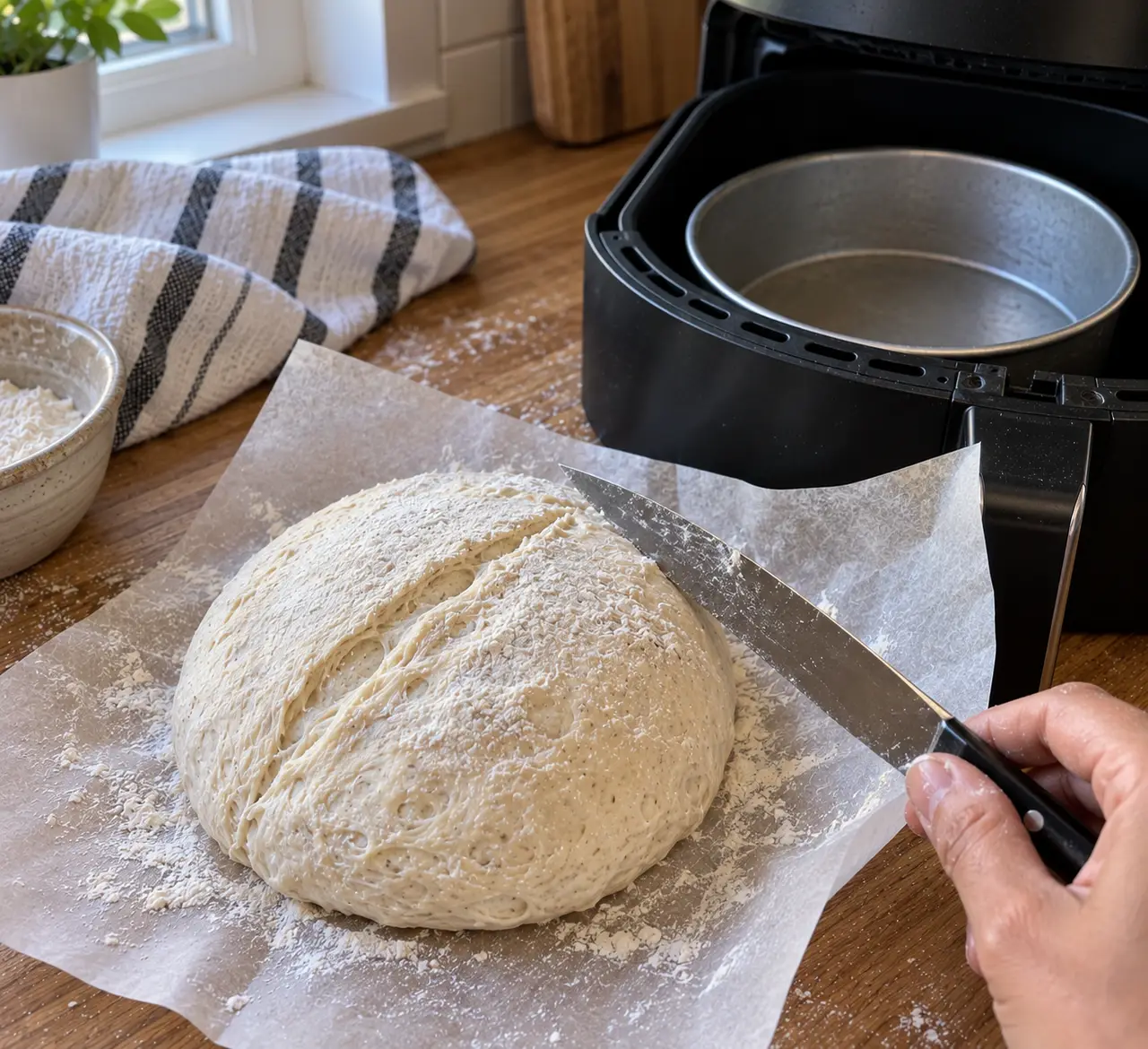 A knife slashing a half inch deep cut across the top of a floured round of no-knead dough on parchment