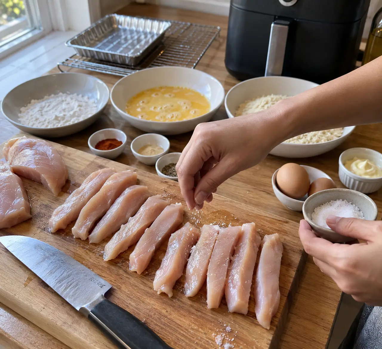 Salt being sprinkled over evenly cut raw chicken strips on a wooden board beside bowls of paprika, garlic powder and pepper