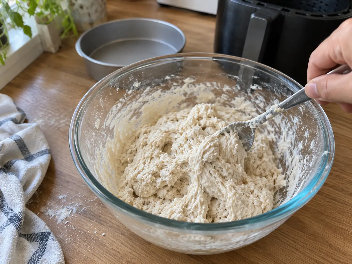 A spoon stirring shaggy sticky no-knead dough in a glass bowl on a sunlit wooden counter beside an air fryer
