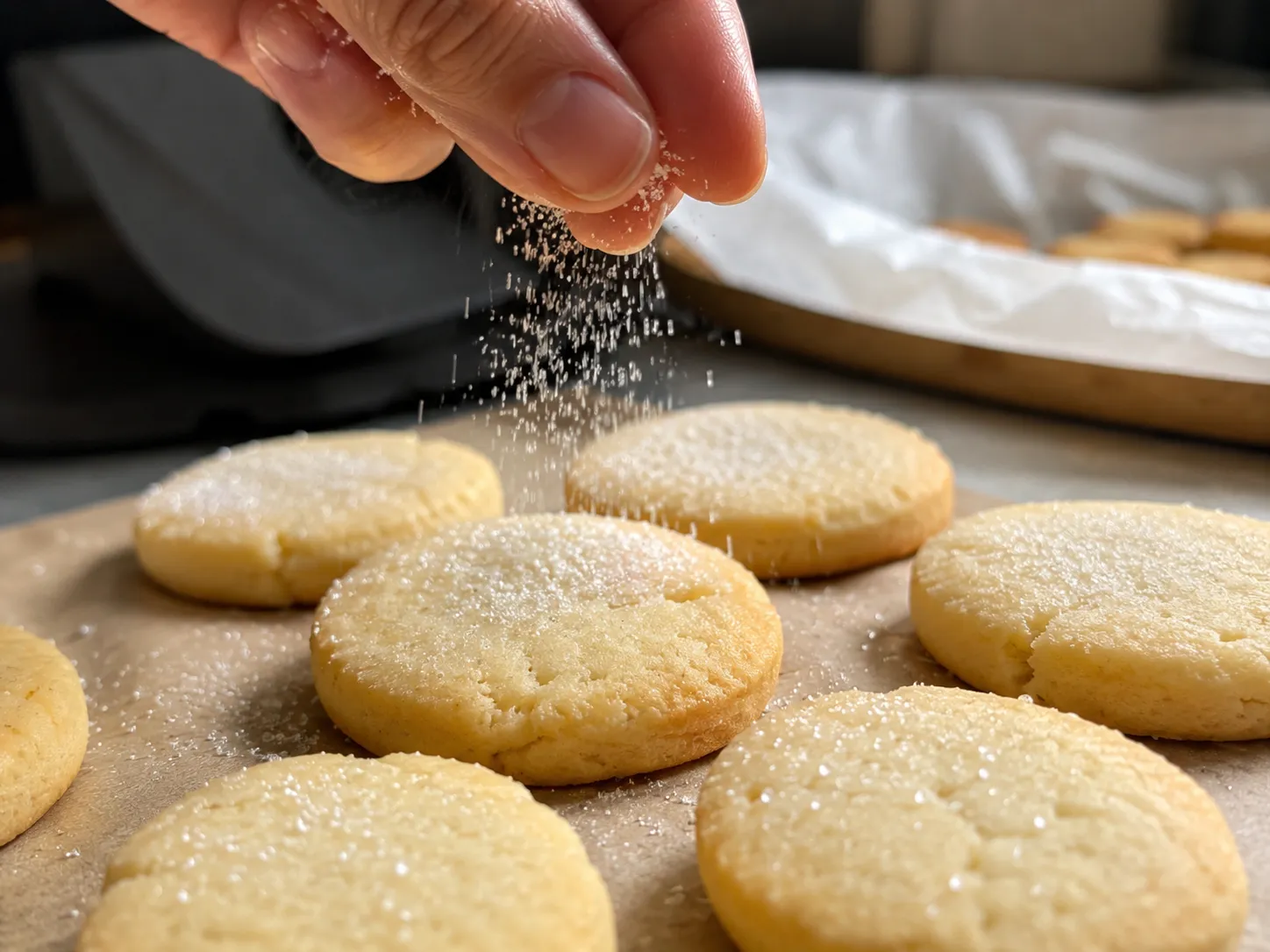Sugar being sprinkled by hand over warm shortbread cookies on parchment