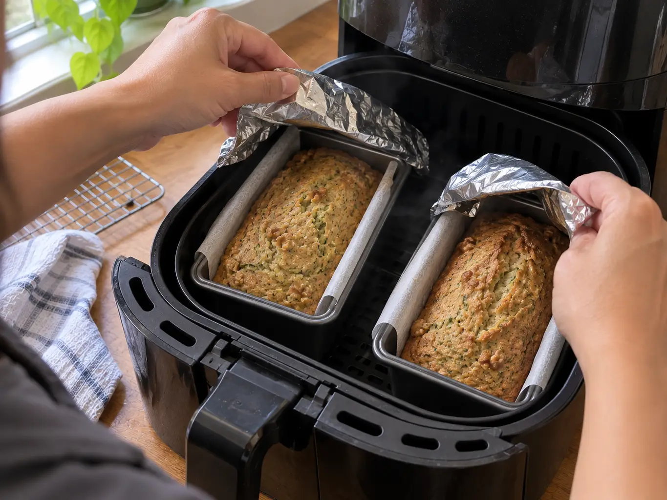 Hands peeling foil off two risen zucchini loaves baking in an air fryer basket