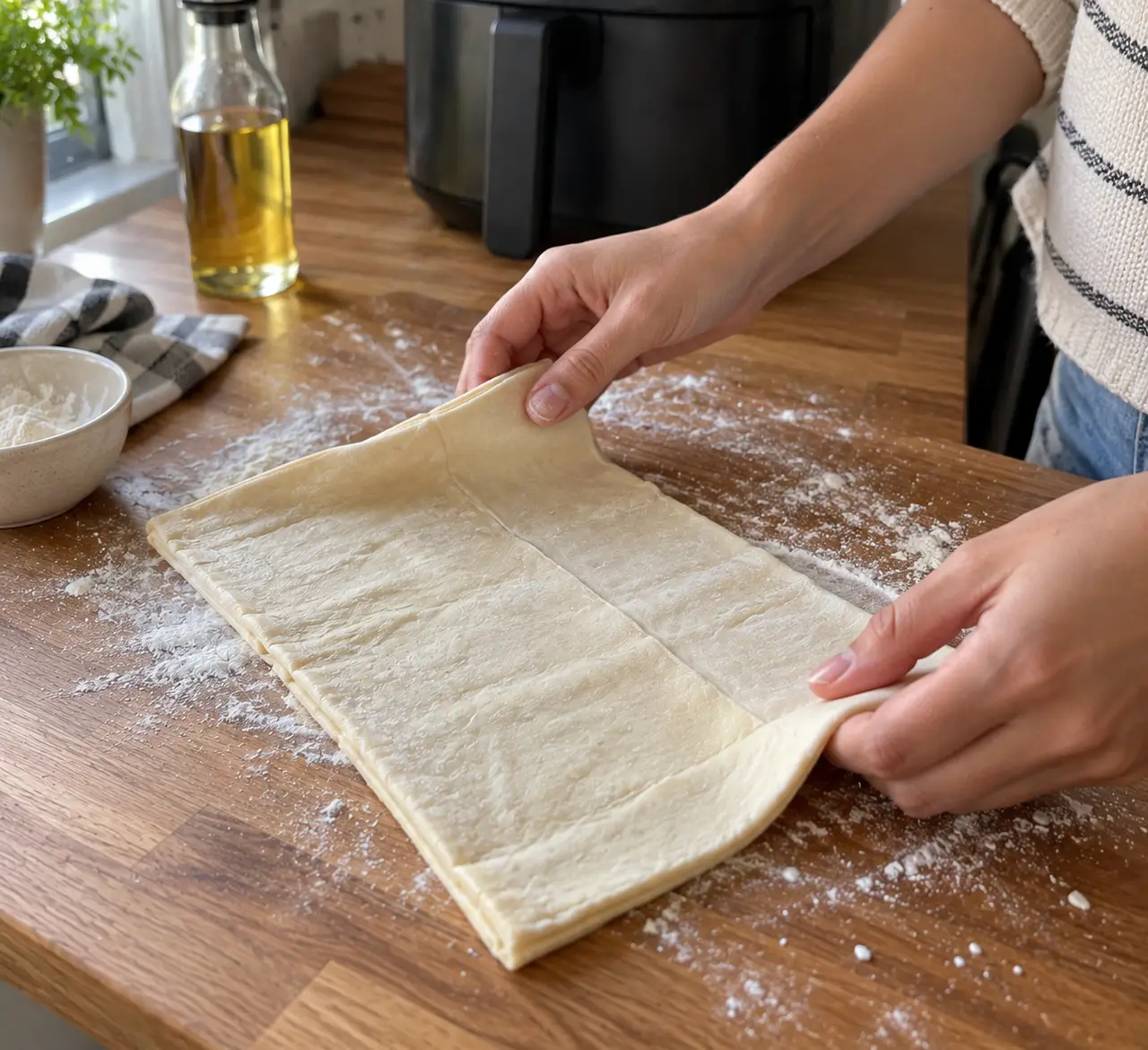 A thawed sheet of puff pastry being unfolded on a floured counter