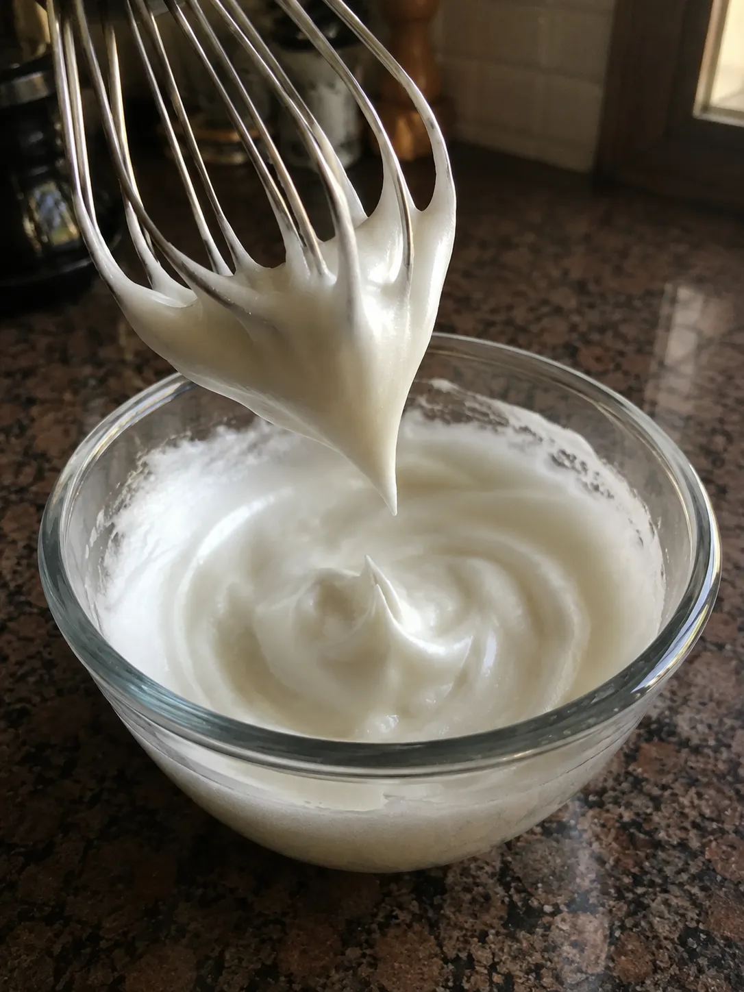 A whisk lifted from a glass bowl showing a stiff glossy peak of whipped egg white