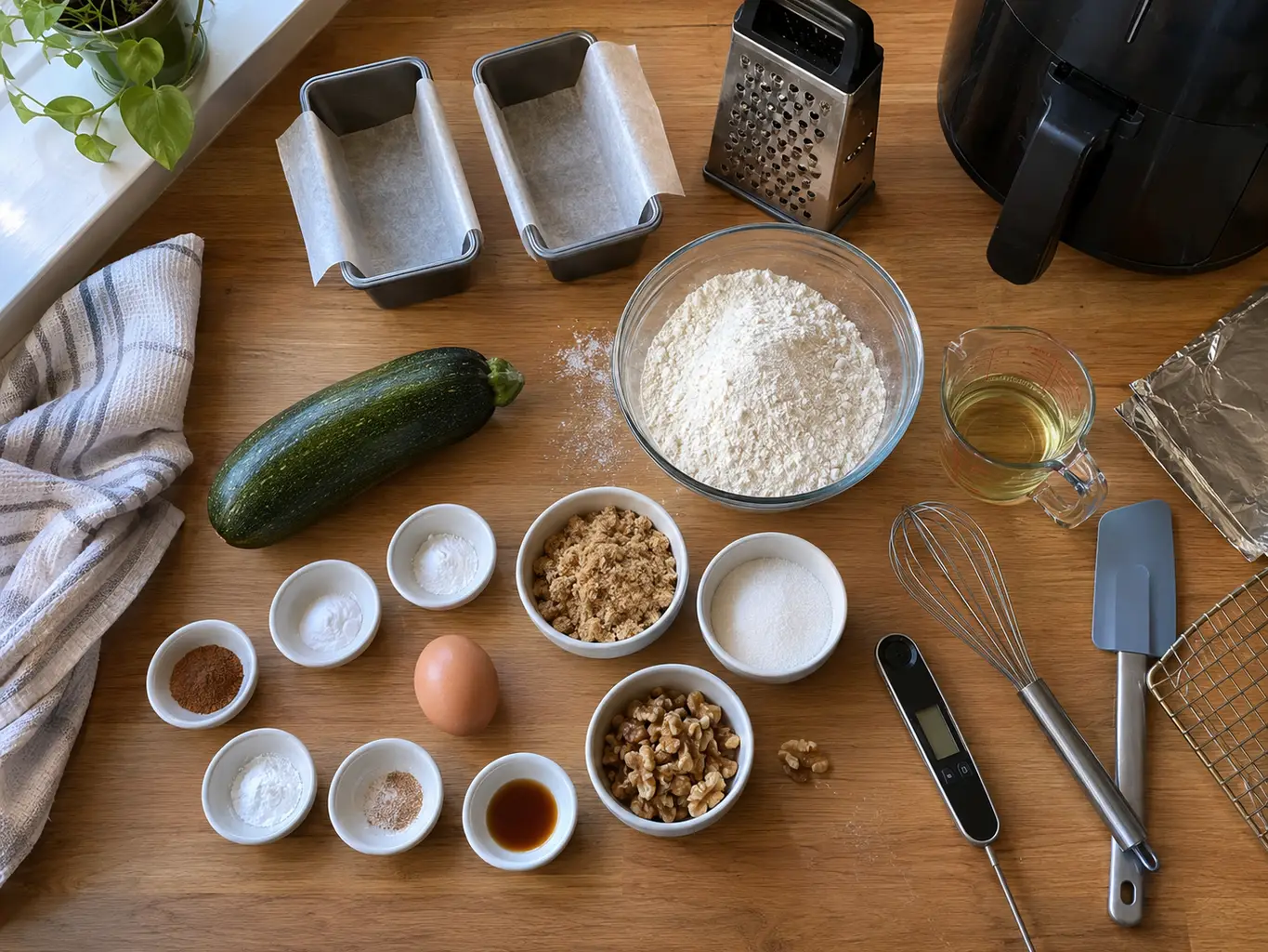 Flat lay of zucchini bread ingredients with two parchment-lined mini loaf pans, a box grater, foil and a thermometer beside an air fryer