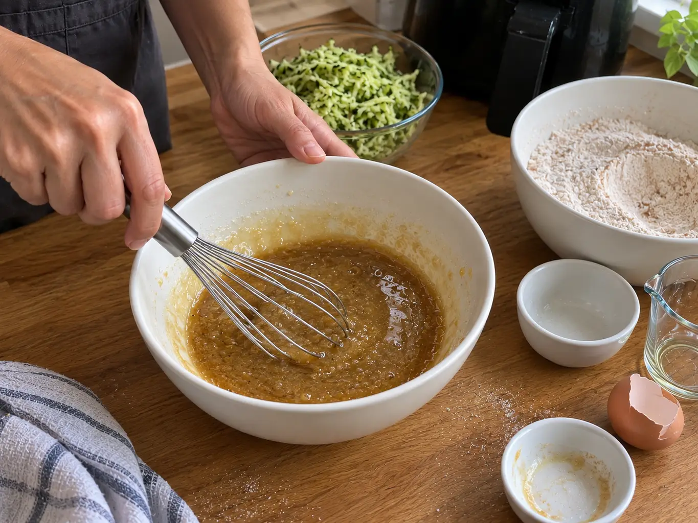 Whisking egg, oil, brown sugar and vanilla into a glossy wet mixture in a white bowl beside a bowl of grated zucchini