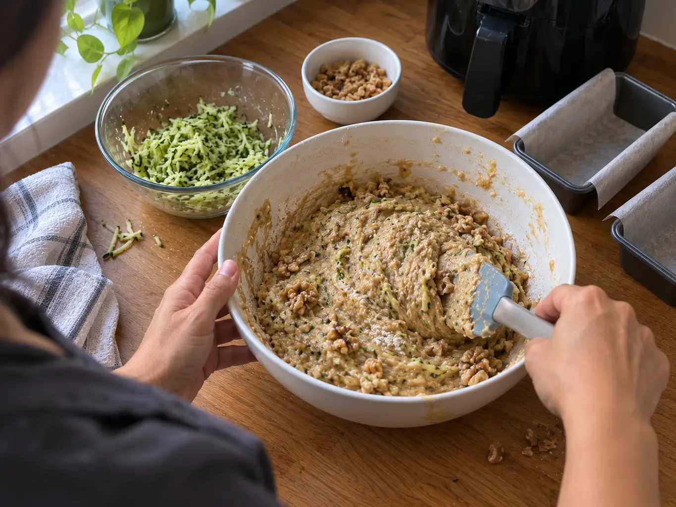 Folding zucchini bread batter with walnuts and grated zucchini using a spatula in a large white bowl