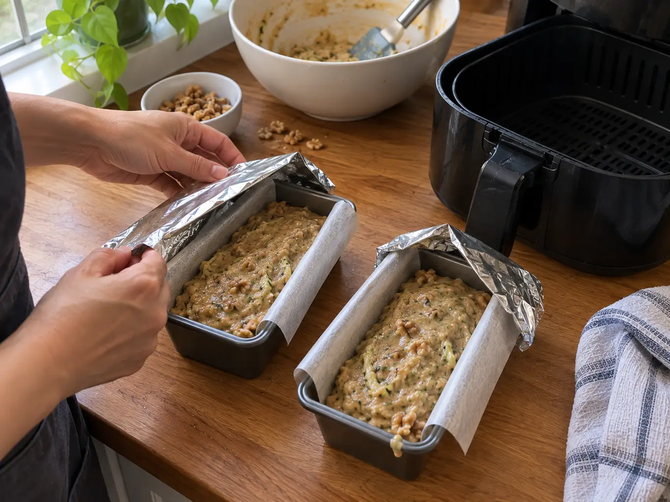 Hands laying loose foil caps over two mini loaf pans filled with zucchini bread batter next to an air fryer basket