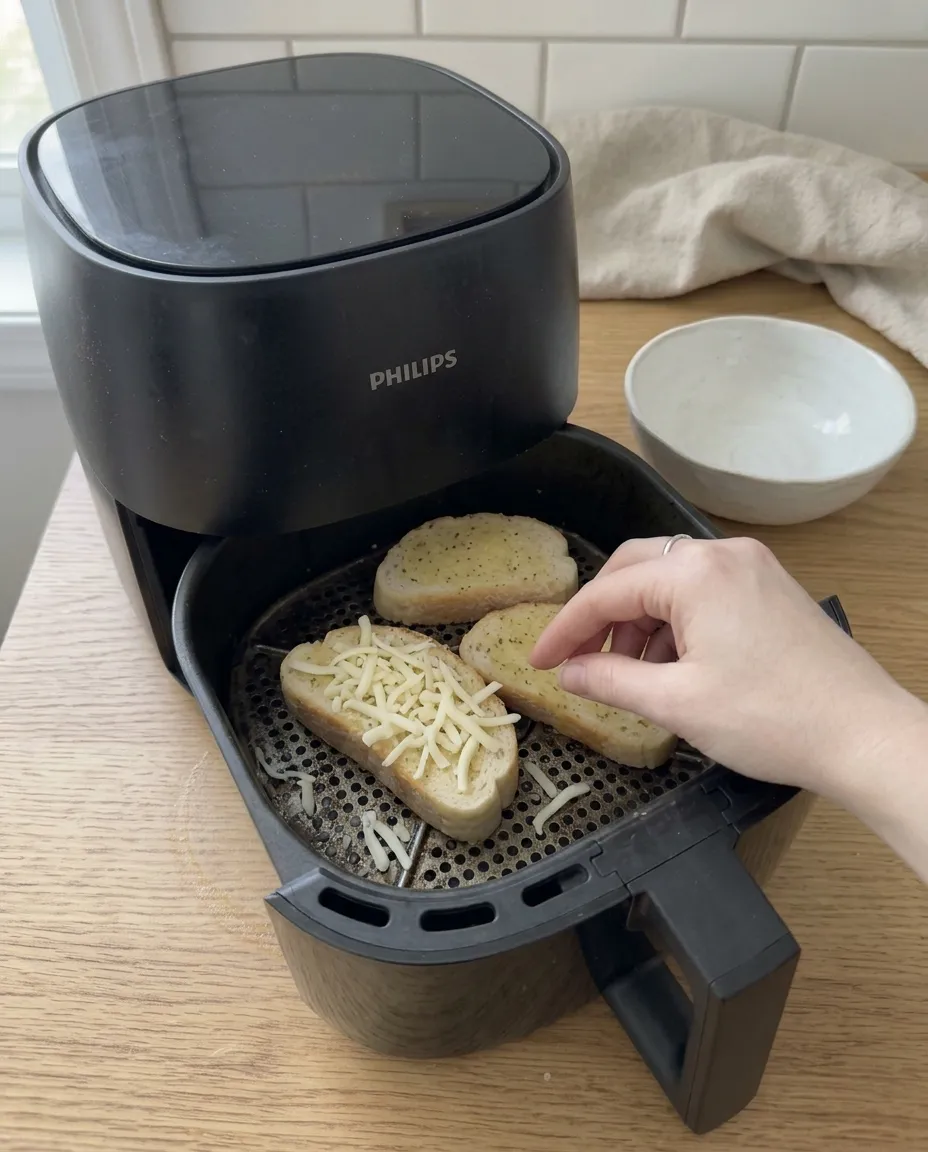 Sprinkling shredded mozzarella onto garlic bread in the air fryer basket for the last 2 minutes