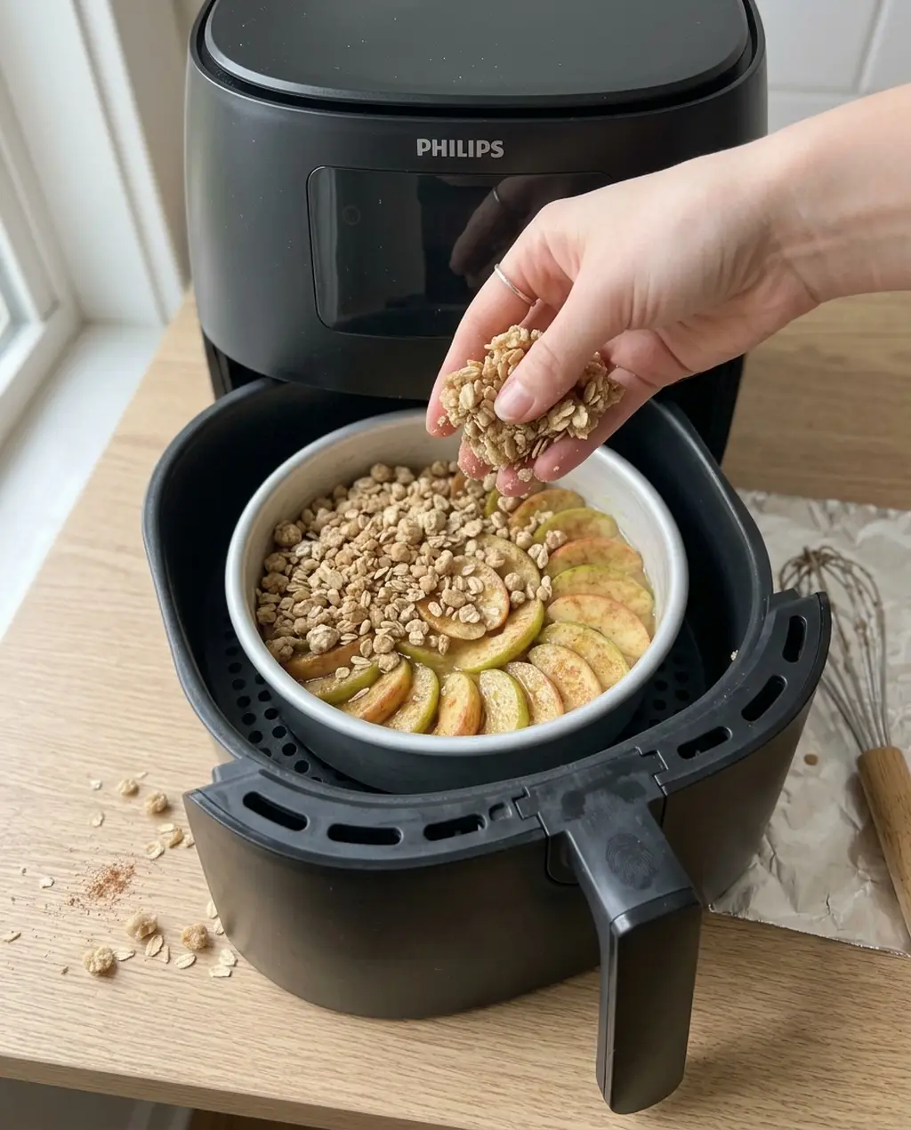 A hand scattering oat topping clumps over hot apple filling in a baking dish sitting in a Philips air fryer basket