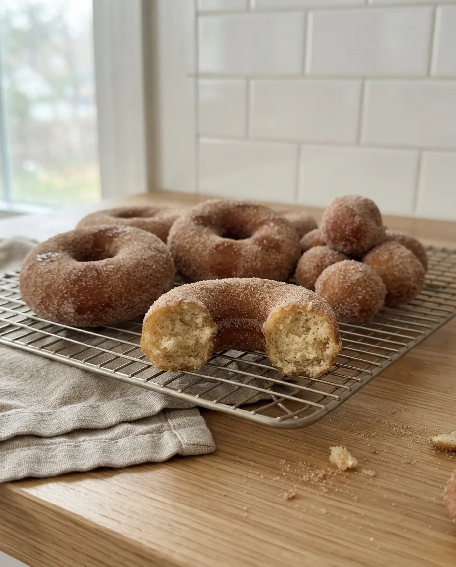 Cinnamon sugar air fryer apple cider donuts and donut holes on a cooling rack, one broken open to show the tender cake crumb