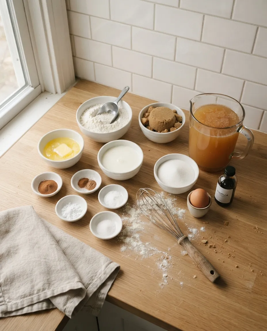 Apple cider donut ingredients: a jug of cloudy apple cider, flour, brown sugar, buttermilk, melted butter, spices, sugar, an egg and vanilla