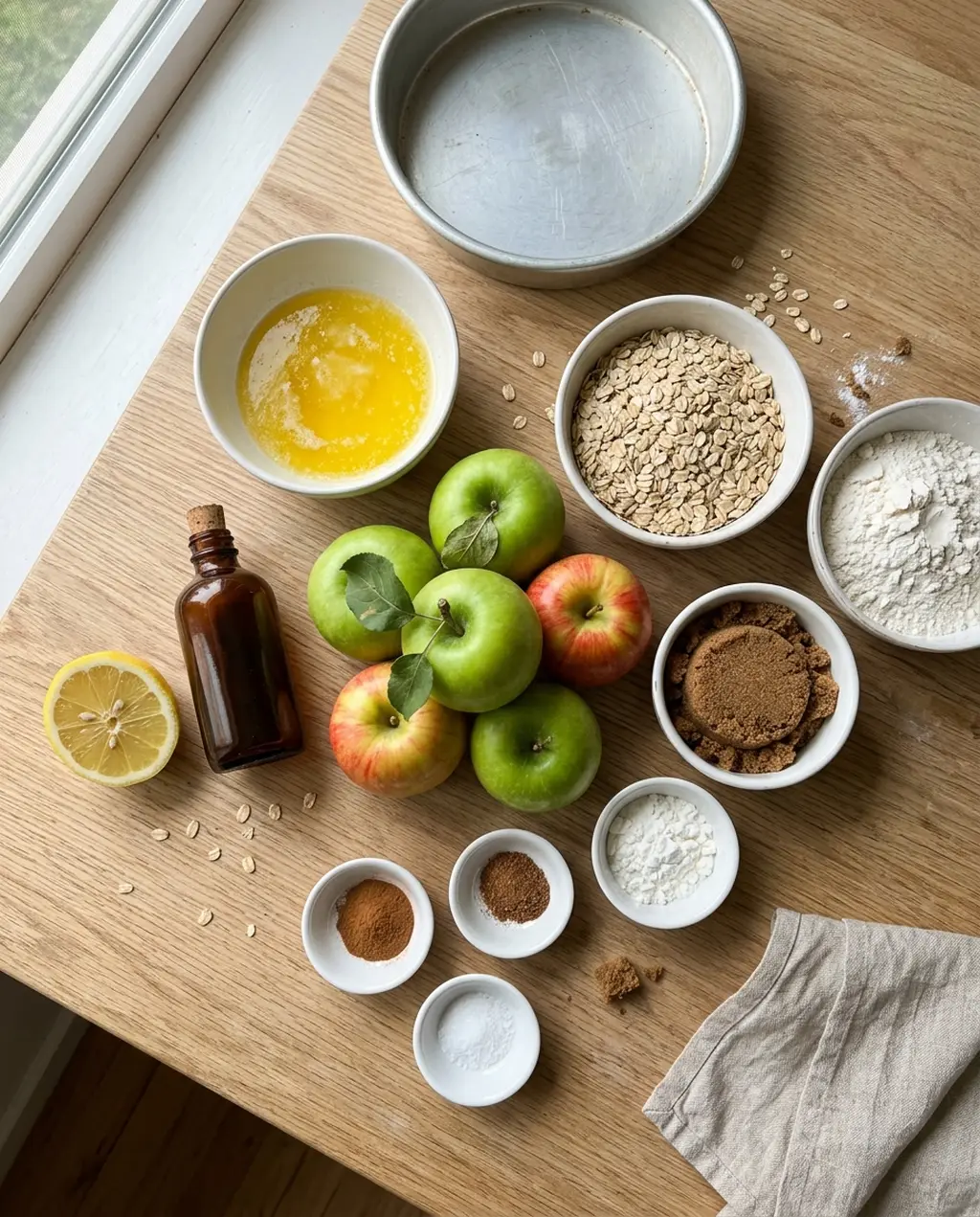 Apple crisp ingredients on a wooden counter: Granny Smith and red apples, lemon, vanilla, melted butter, rolled oats, flour, brown sugar, cornstarch, spices and salt, with a round cake pan