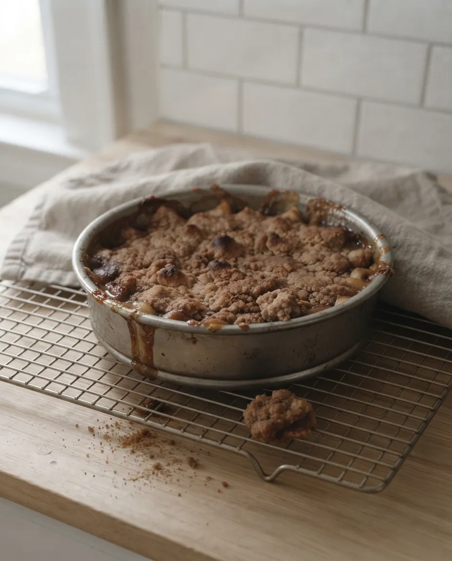 A finished apple crumble in a metal pan resting on a cooling rack by a window