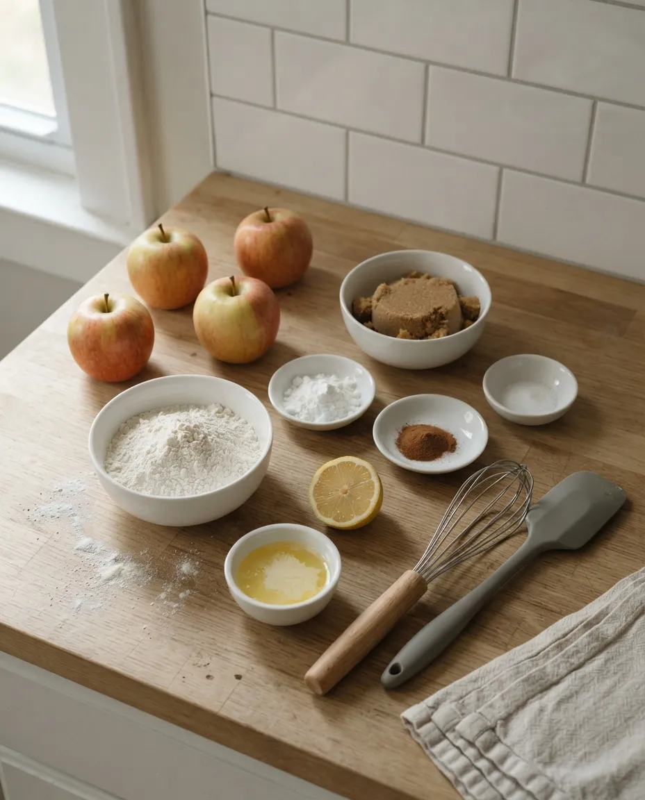 Apple crumble ingredients on a wood counter: apples, brown sugar, flour, baking powder, cinnamon, salt, lemon, melted butter, a whisk and a spatula