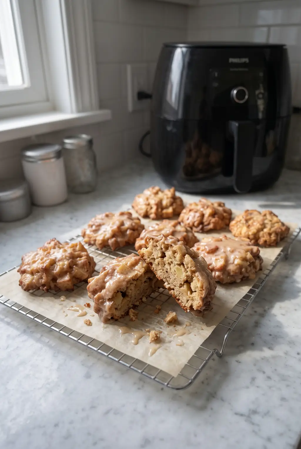 A cooling rack of glazed air fryer apple fritters, one broken open to show a tender apple-studded crumb, with a Philips air fryer behind