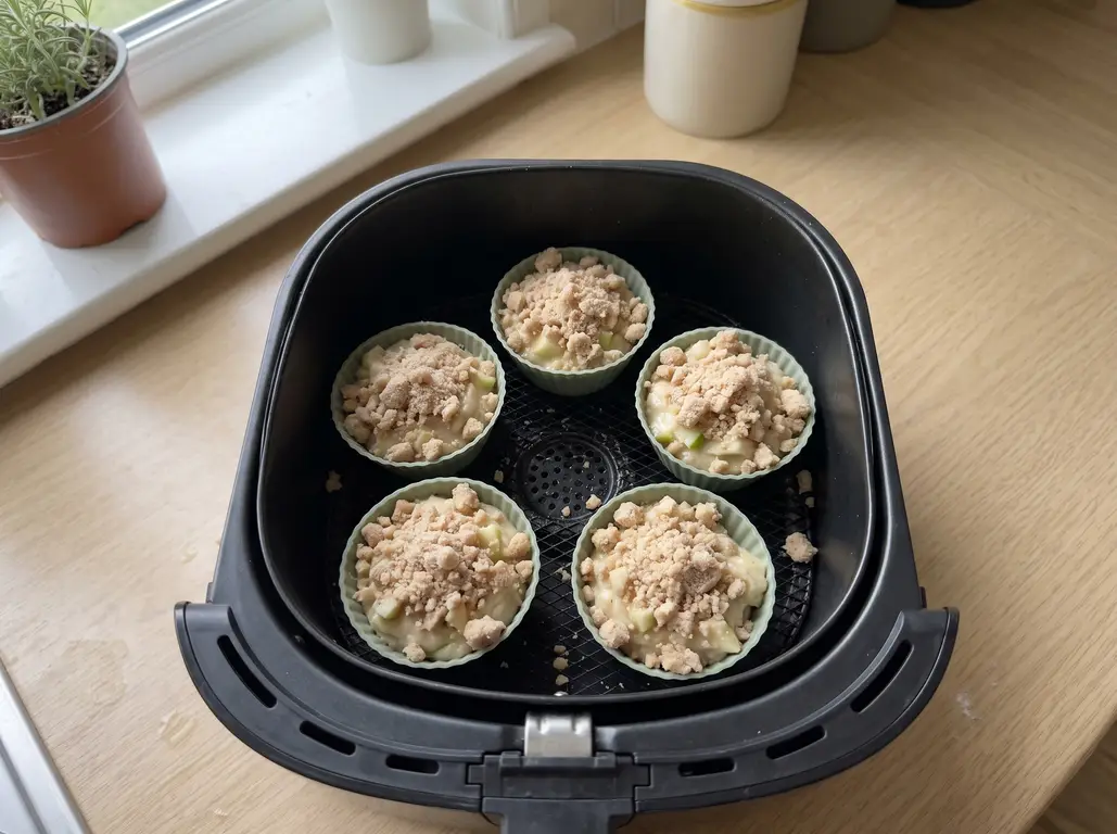 Apple muffin batter in streusel-topped silicone cups arranged in an air fryer basket